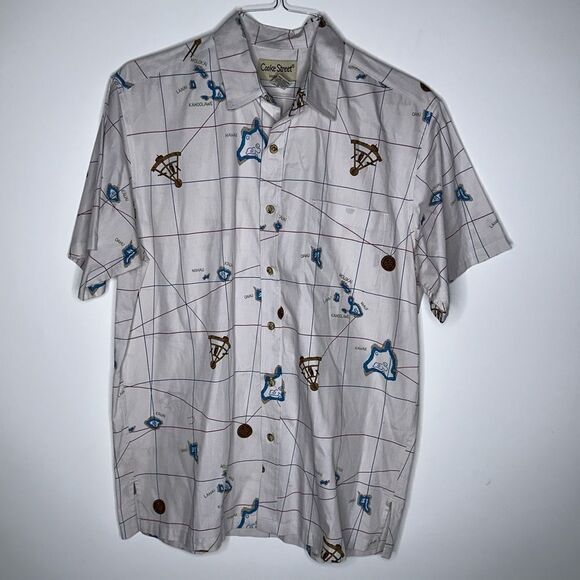 Cooke Street Honolulu White-Blue-Brown Graphic Map Design Aloha Shirt Medium - Picture 4 of 5